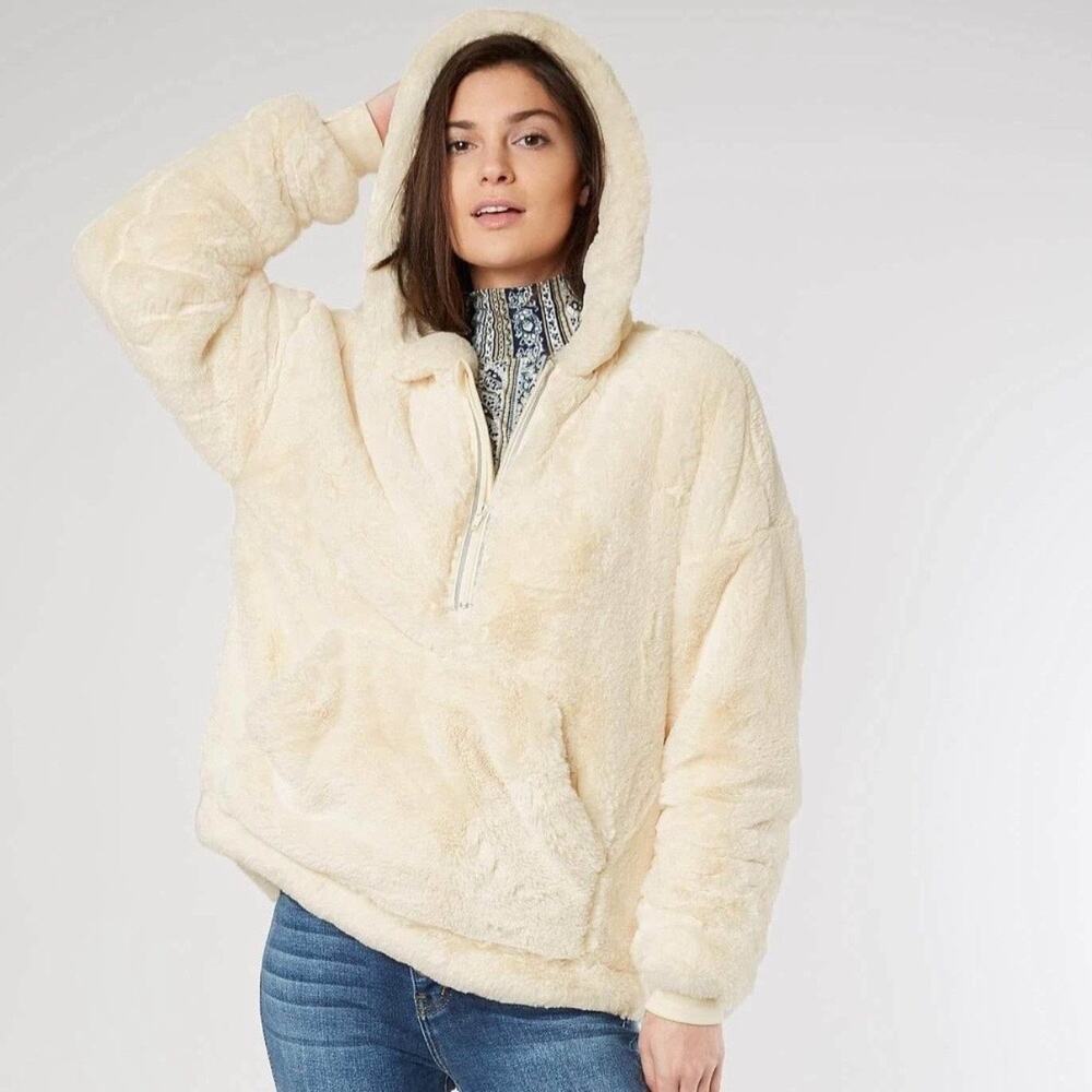 Free People Movement Beige Off the Record Faux Fur Hoodie Sz S